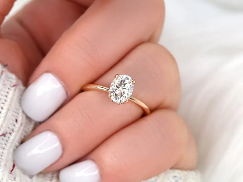 1.50ct Ready To Ship Viola 8x6mm 14kt Rose Gold Moissanite Diamond Oval Hidden Halo Ring diamond oval cut engagement ring