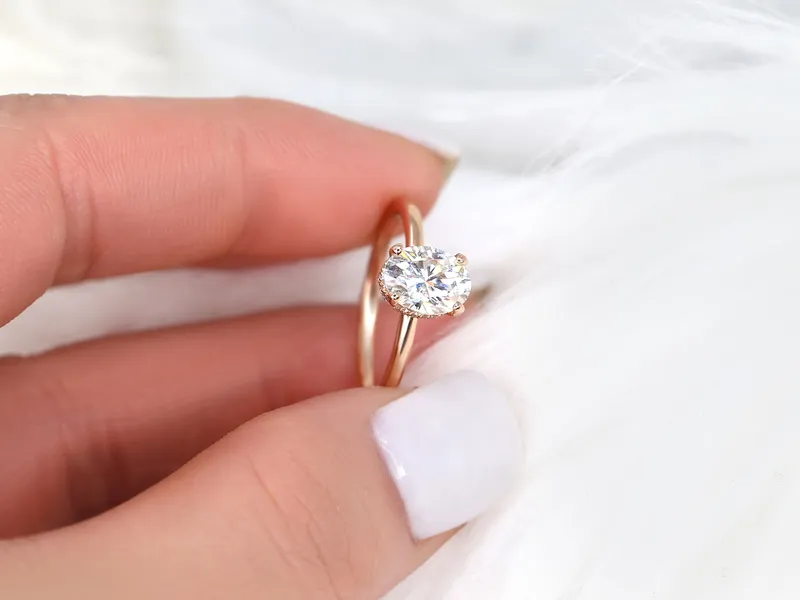 1.50ct Viola 8x6mm 14kt Gold Moissanite Diamond Scarf Oval Halo Ring vy 5