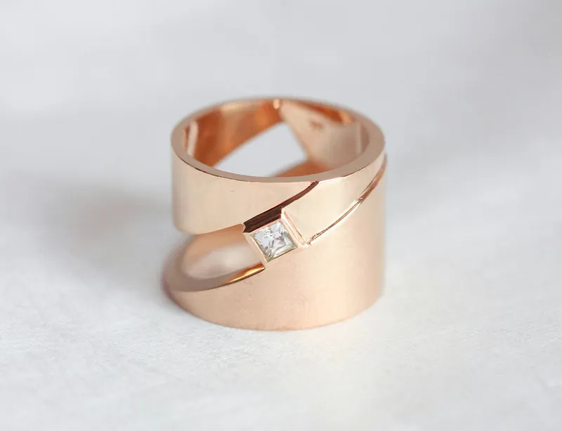 WIDE WEDDING BAND, MODERN DIAMOND RING, CIGAR BAND RING, GEOMETRIC GOLD RING, PRINCESS CUT RING view 7