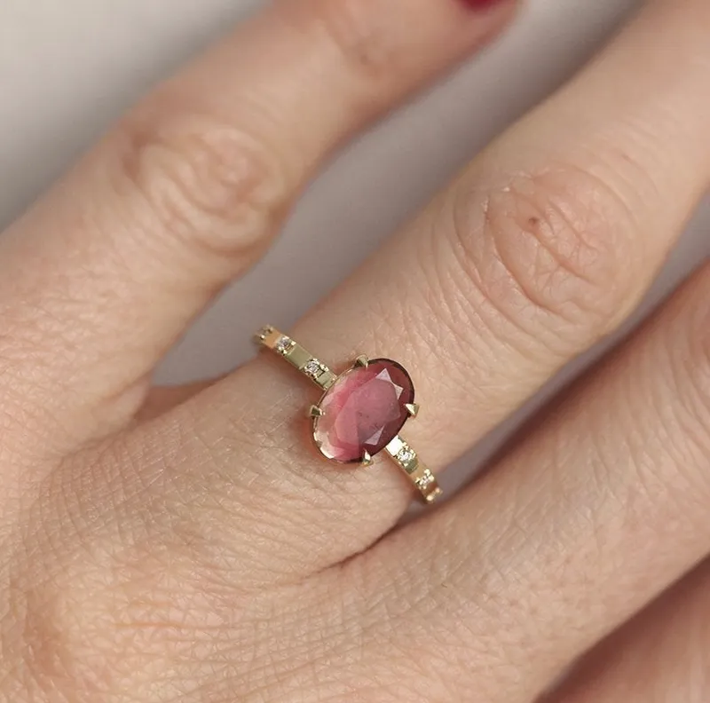 WATERMELON TOURMALINE ENGAGEMENT RING WITH SIDE DIAMONDS vy 2