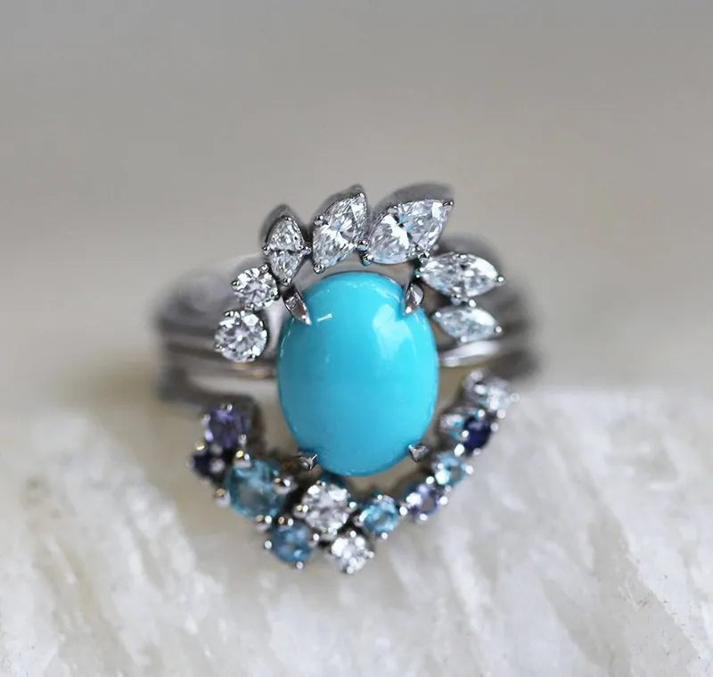 Wave Ring Set, Unique Engagement Ring Set vy 2