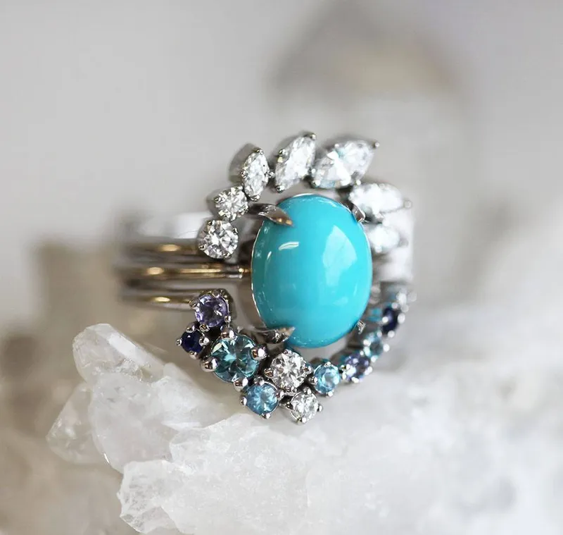 Wave Ring Set, Unique Engagement Ring Set vy 3