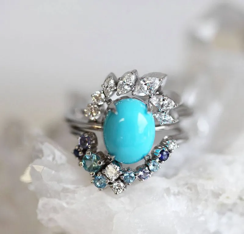 Wave Ring Set, Unique Engagement Ring Set vy 4