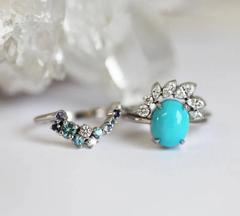 Wave Ring Set, Unique Engagement Ring Set vy 5
