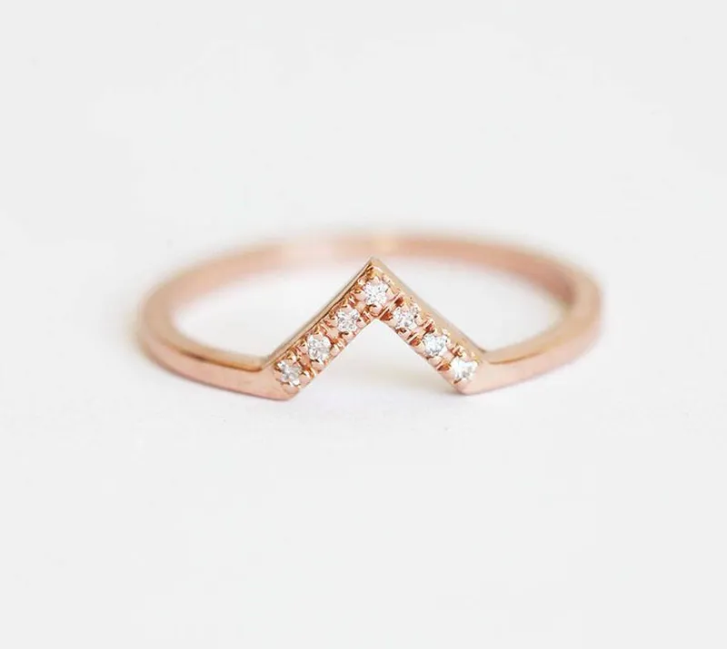 White Diamond Ring, V Diamond Band diamond round cut engagement ring