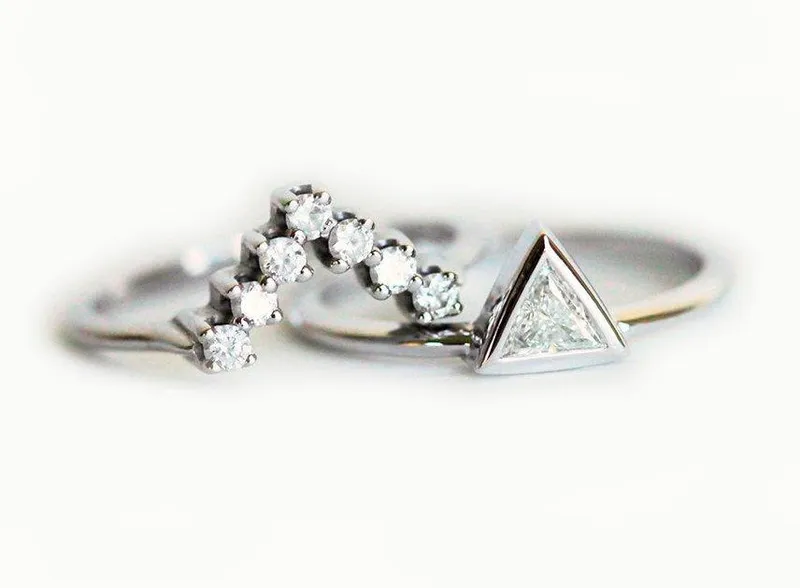 White Gold Engagement Ring Set: Triangle Solitaire & V Band view 2