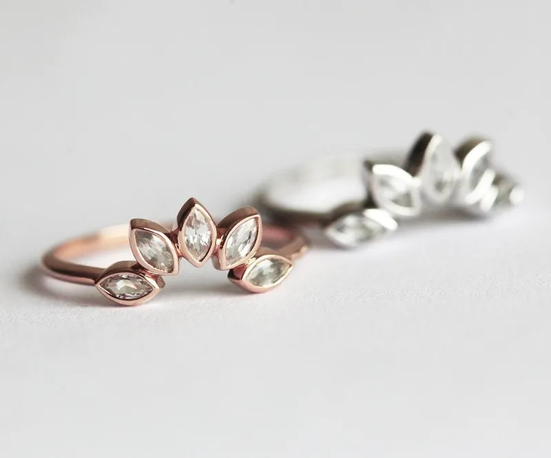 White Sapphire Ring, Marquise Crown Ring vy 4