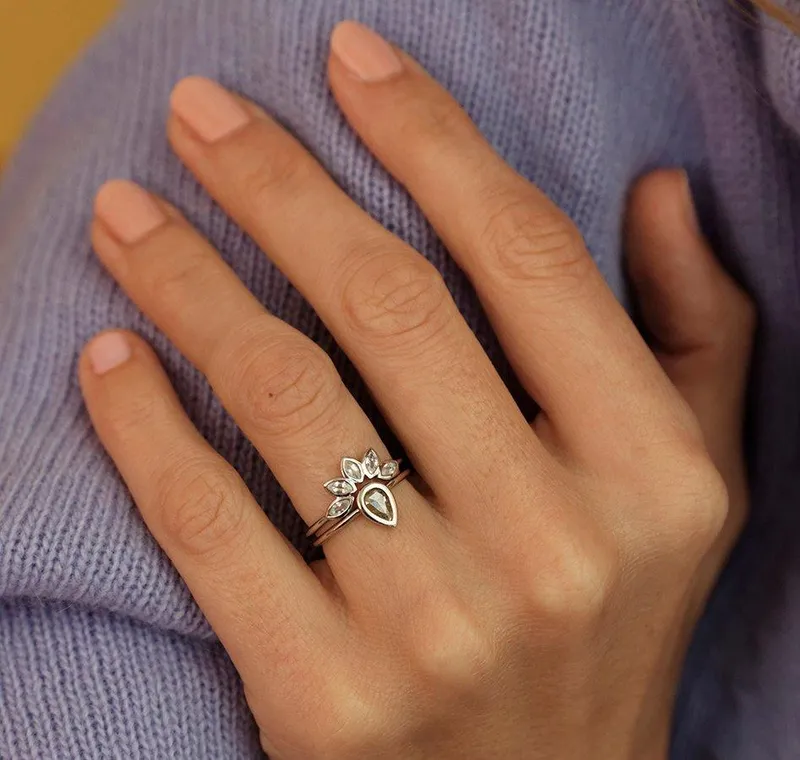 White Sapphire Ring, Marquise Crown Ring vy 5