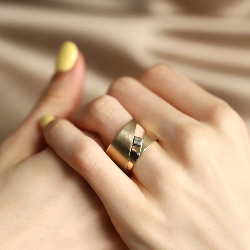 WIDE WEDDING BAND, MODERN DIAMOND RING, CIGAR BAND RING, GEOMETRIC GOLD RING, PRINCESS CUT RING view 2