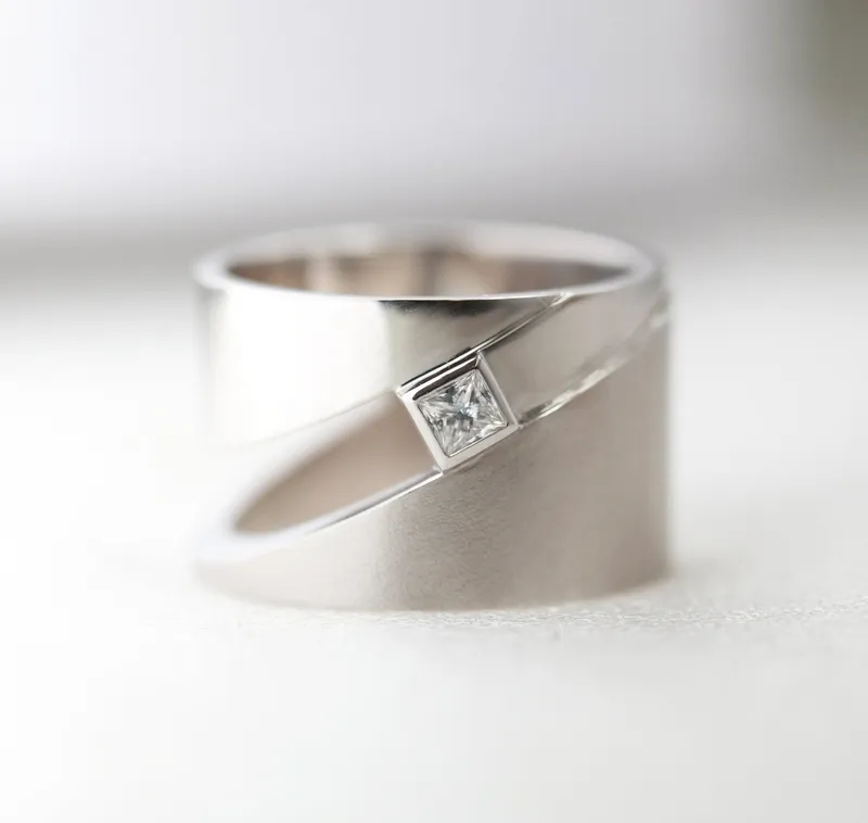 WIDE WEDDING BAND, MODERN DIAMOND RING, CIGAR BAND RING, GEOMETRIC GOLD RING, PRINCESS CUT RING view 3