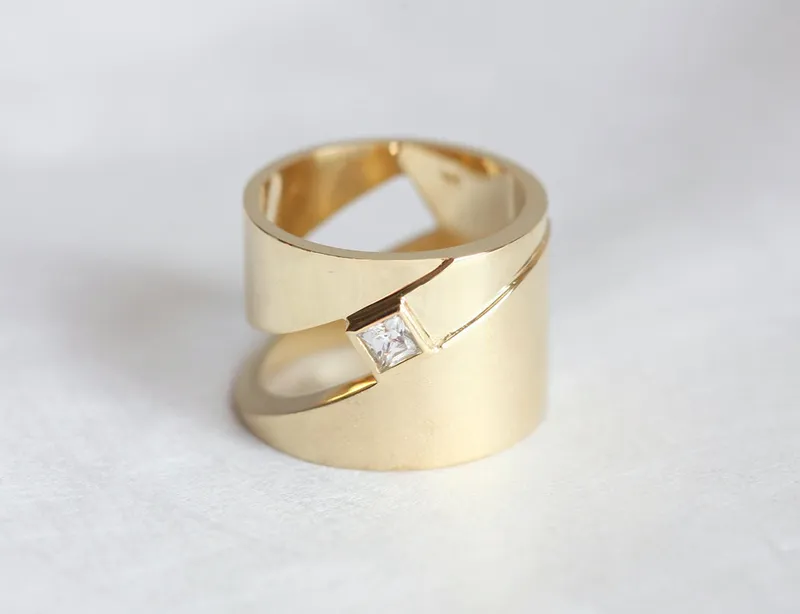 WIDE WEDDING BAND, MODERN DIAMOND RING, CIGAR BAND RING, GEOMETRIC GOLD RING, PRINCESS CUT RING view 4