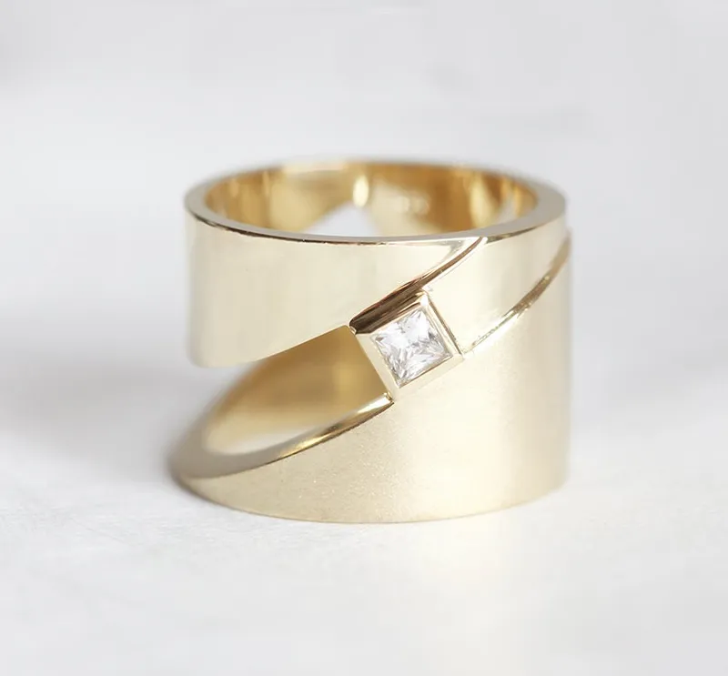 WIDE WEDDING BAND, MODERN DIAMOND RING, CIGAR BAND RING, GEOMETRIC GOLD RING, PRINCESS CUT RING view 5