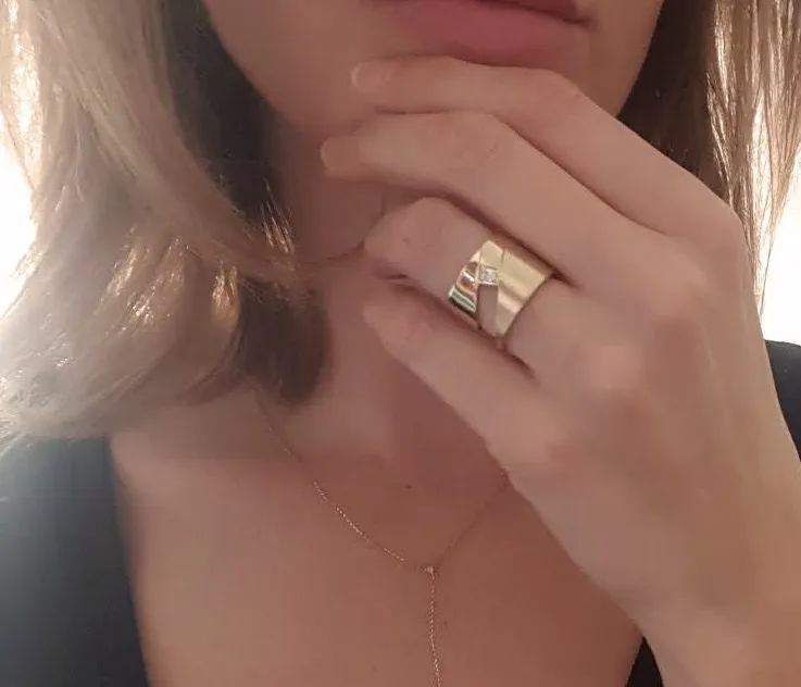 WIDE WEDDING BAND, MODERN DIAMOND RING, CIGAR BAND RING, GEOMETRIC GOLD RING, PRINCESS CUT RING view 6