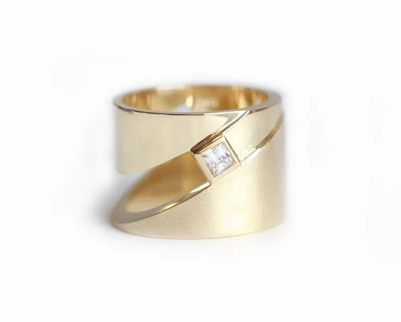 WIDE WEDDING BAND, MODERN DIAMOND RING, CIGAR BAND RING, GEOMETRIC GOLD RING, PRINCESS CUT RING diamond engagement ring