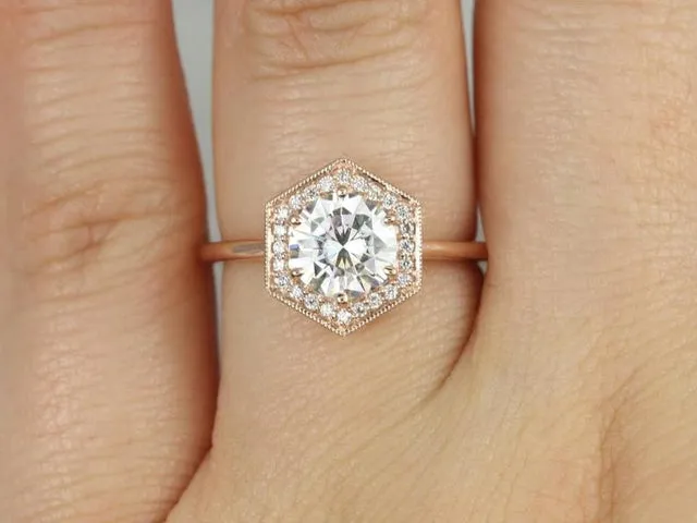 1.25ct Willis 7mm 14kt Rose Gold Moissanite Diamonds WITH Milgrain Art Deco Hexagon Halo Ring vy 2