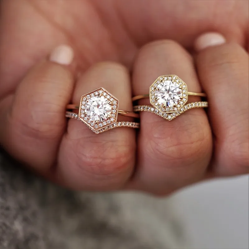 1.25ct Willis 7mm 14kt Rose Gold Moissanite Diamonds WITH Milgrain Art Deco Hexagon Halo Ring vy 7