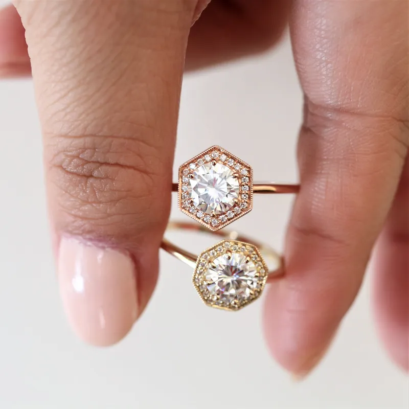 1.25ct Willis 7mm 14kt Rose Gold Moissanite Diamonds WITH Milgrain Art Deco Hexagon Halo Ring round cut engagement ring