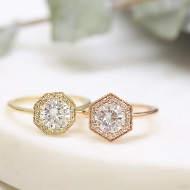 1.25ct Willis 7mm 14kt Rose Gold Moissanite Diamonds WITH Milgrain Art Deco Hexagon Halo Ring vy 5