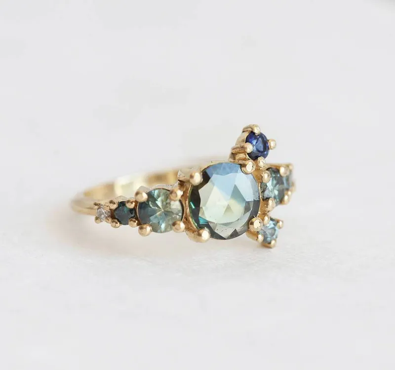 Zelda Teal Sapphire Diamond Cluster Ring view 2