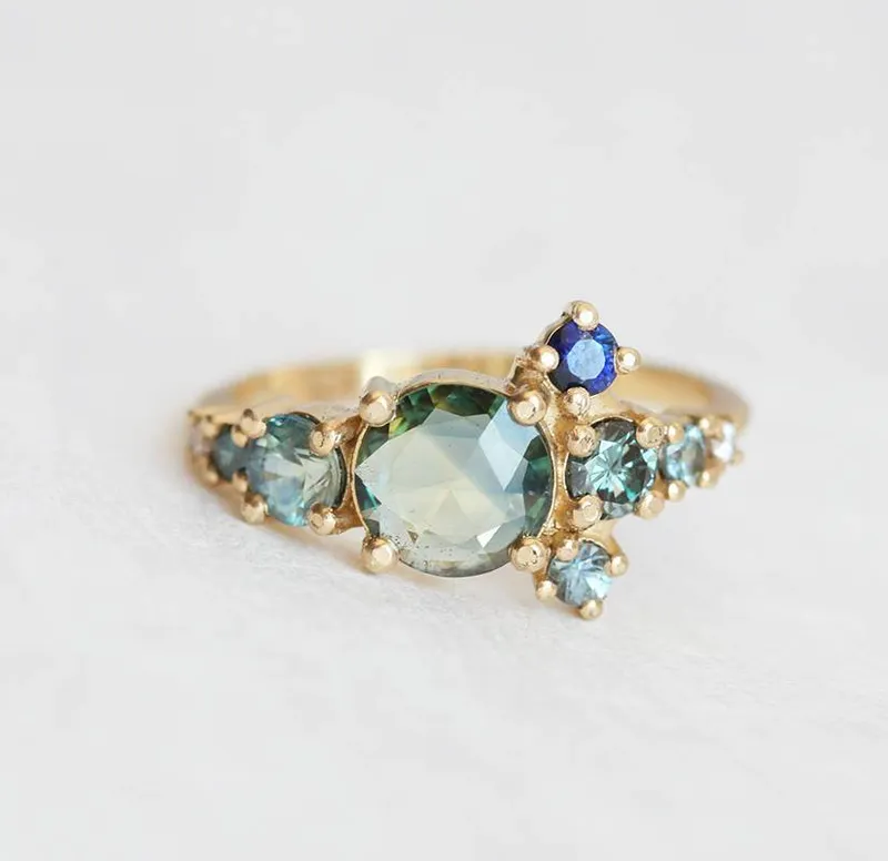 Zelda Teal Sapphire Diamond Cluster Ring sapphire round cut engagement ring