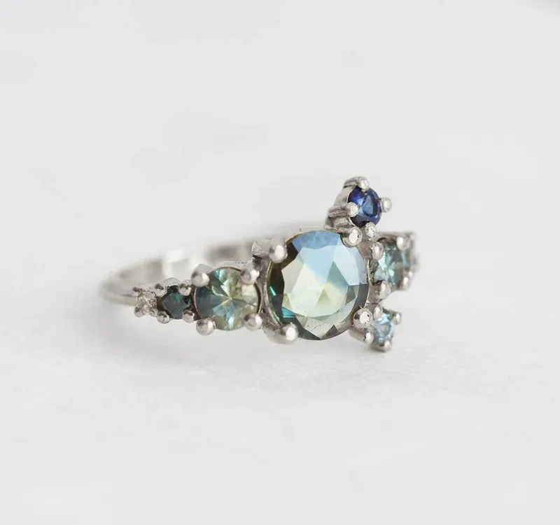 Zelda Teal Sapphire Diamond Cluster Ring view 10
