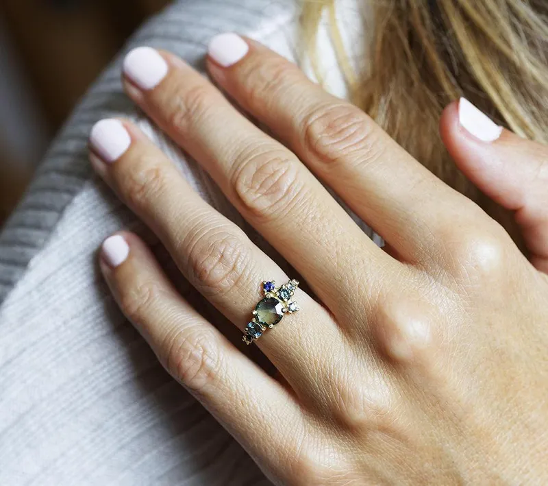 Zelda Teal Sapphire Diamond Cluster Ring view 4