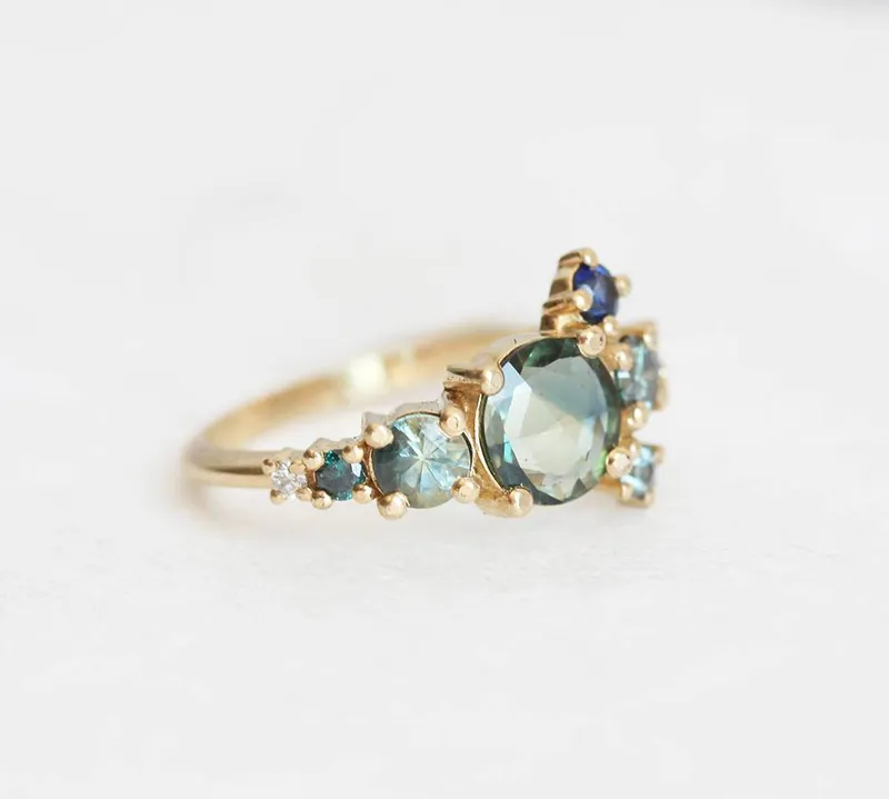 Zelda Teal Sapphire Diamond Cluster Ring view 6