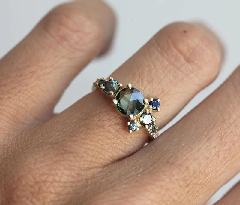 Zelda Teal Sapphire Diamond Cluster Ring view 8