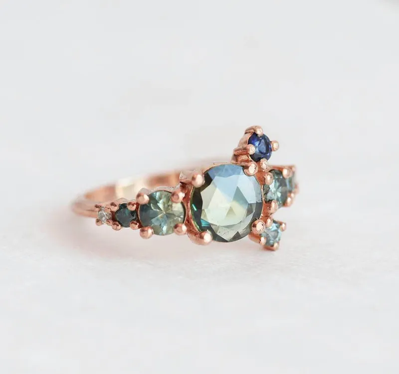 Zelda Teal Sapphire Diamond Cluster Ring view 9