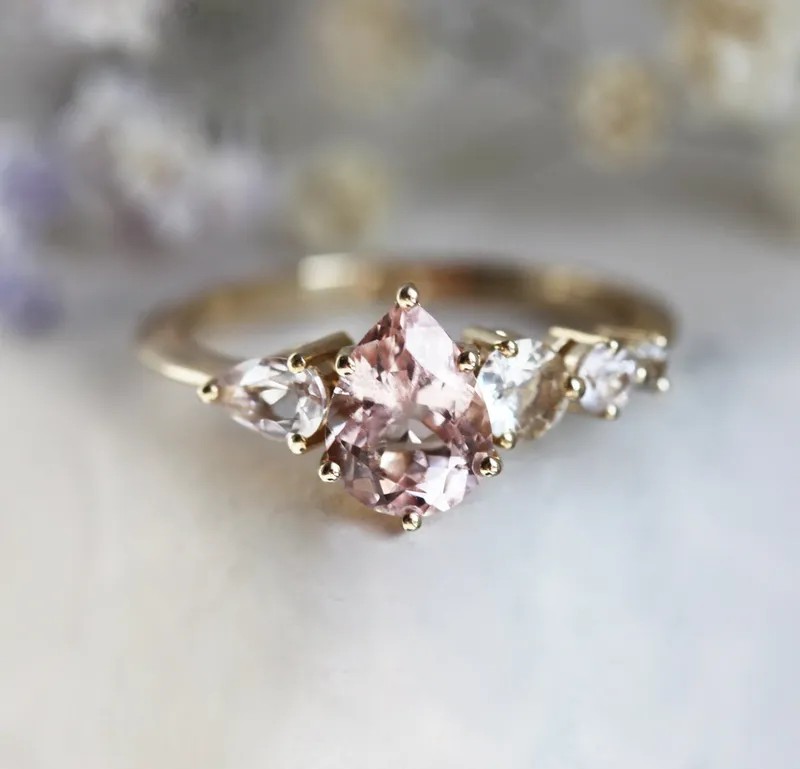 Zendaya Peach Morganite Sapphires Cluster Ring pear cut engagement ring