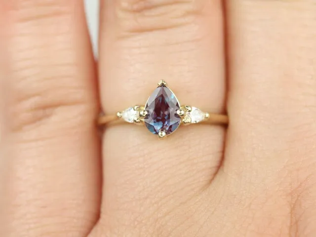 Petite Evette 7x5mm 14kt Gold Alexandrite Diamond Pear 3 Stone Ring view 5