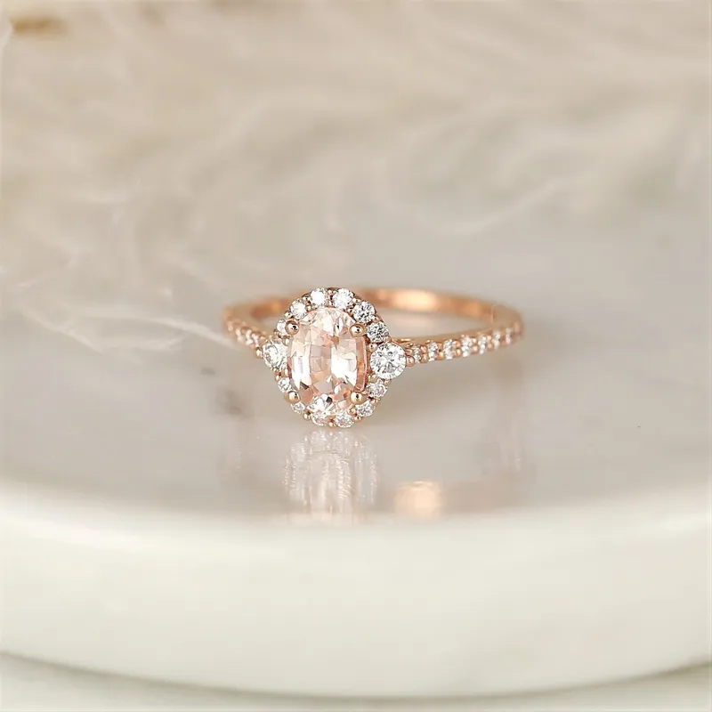 1.29cts Ready to Ship Bridgette 14kt Rose Gold Peach Sapphire Diamond Unique Halo Ring vy 2