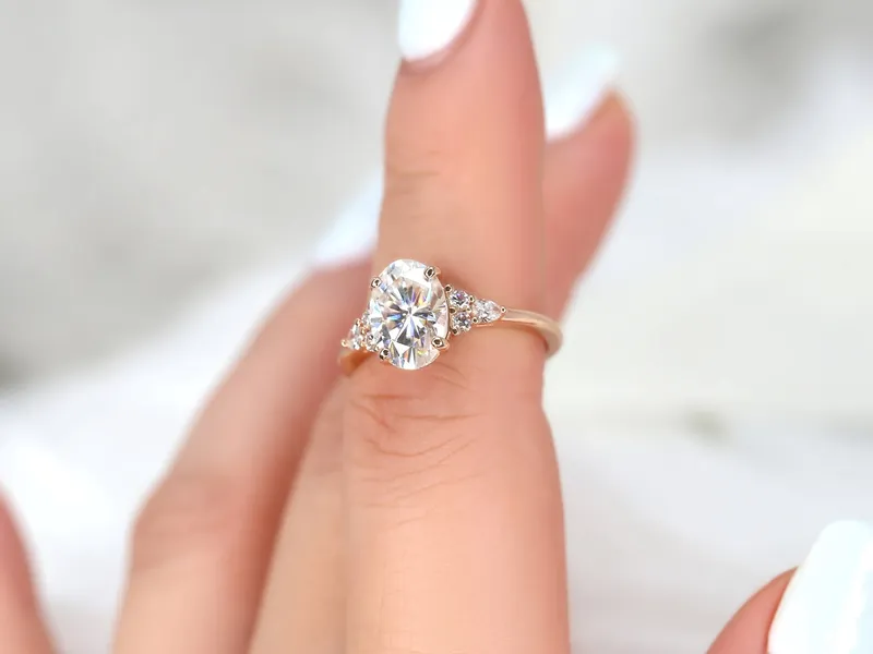 2.50ct Cinderella 10x7mm 14kt Gold Moissanite Diamond Elongated Oval Cluster Ring view 6