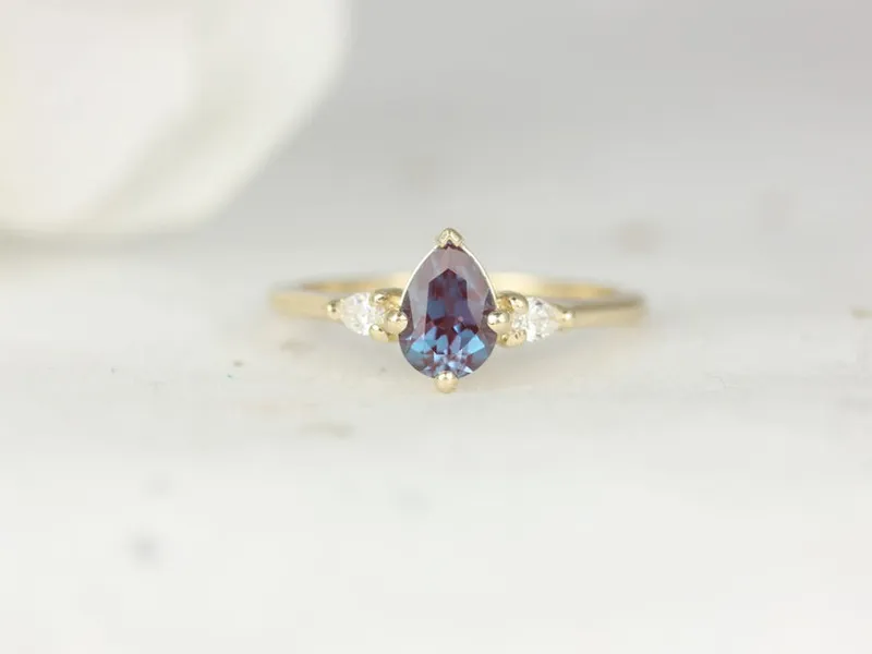 Petite Evette 7x5mm 14kt Gold Alexandrite Diamond Pear 3 Stone Ring view 6