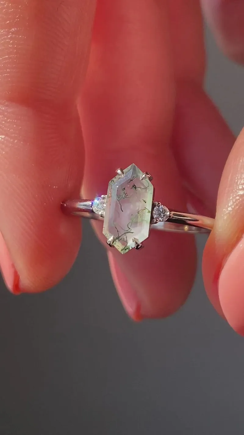 Hayley Hexagon Moss Agate Ring With Diamonds view 11