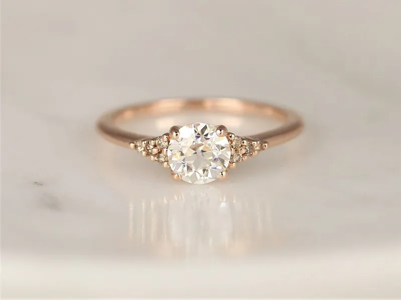 Malia 6mm 14kt Rose Gold OEC FB Moissanite Champagne Diamond Art Deco Dainty 3 Stone Dainty Cluster Ring view 3