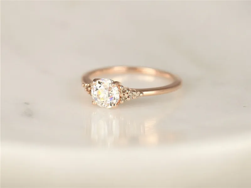 Malia 6mm 14kt Rose Gold OEC FB Moissanite Champagne Diamond Art Deco Dainty 3 Stone Dainty Cluster Ring view 4