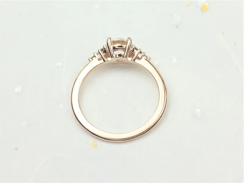 Malia 6mm 14kt Rose Gold OEC FB Moissanite Champagne Diamond Art Deco Dainty 3 Stone Dainty Cluster Ring view 5