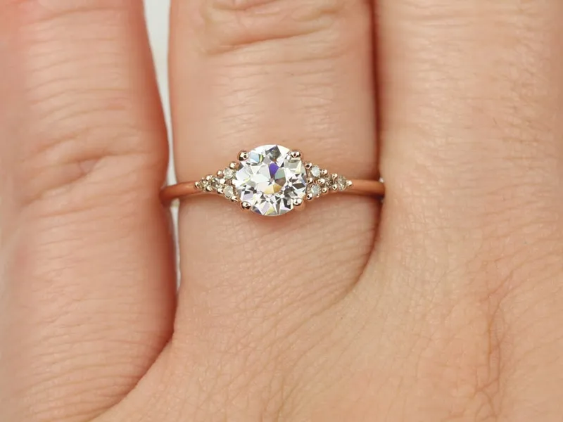 Malia 6mm 14kt Rose Gold OEC FB Moissanite Champagne Diamond Art Deco Dainty 3 Stone Dainty Cluster Ring view 6