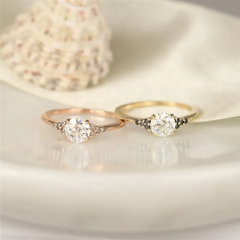 Malia 6mm 14kt Rose Gold OEC FB Moissanite Champagne Diamond Art Deco Dainty 3 Stone Dainty Cluster Ring view 2