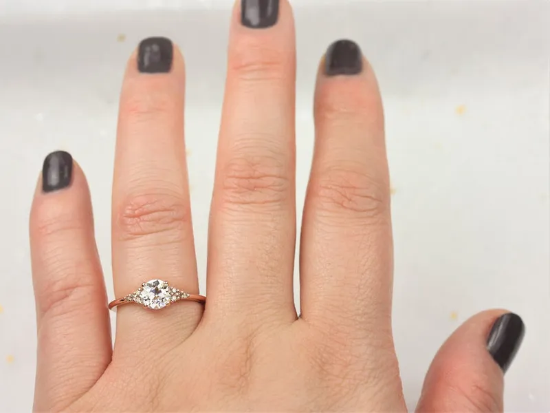 Malia 6mm 14kt Rose Gold OEC FB Moissanite Champagne Diamond Art Deco Dainty 3 Stone Dainty Cluster Ring view 7