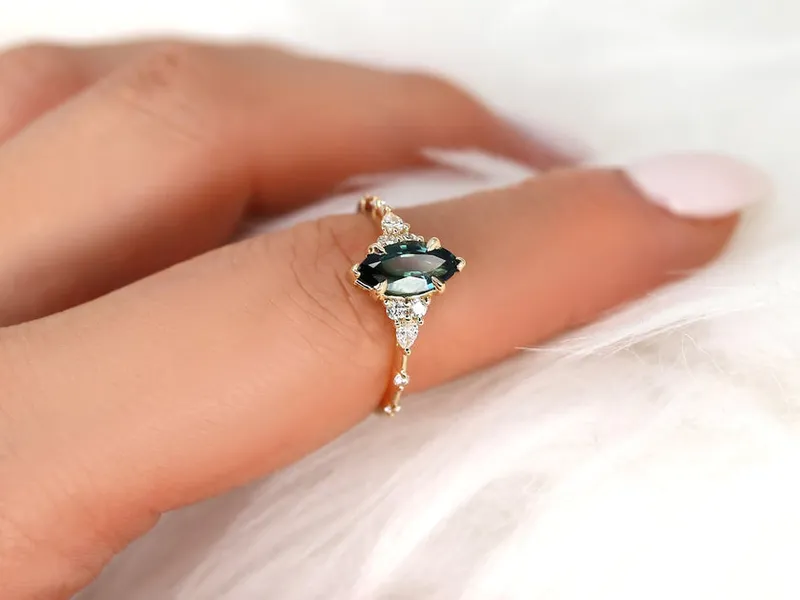 1.50ct Ready to Ship Astrid 14kt Gold Teal Sapphire Diamond Marquise Cluster Ring vy 3