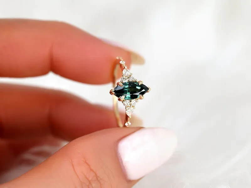 1.50ct Ready to Ship Astrid 14kt Gold Teal Sapphire Diamond Marquise Cluster Ring vy 2