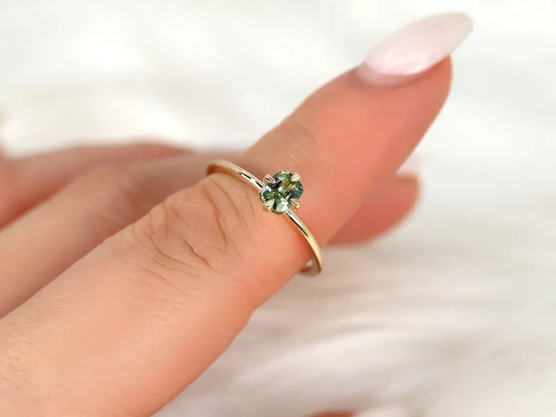 0.57ct Ready to Ship Rita 14kt Yellow Gold Green Tea Teal Sapphire Solitaire Ring vy 3