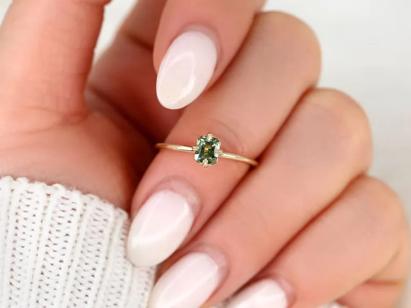 0.57ct Ready to Ship Rita 14kt Yellow Gold Green Tea Teal Sapphire Solitaire Ring vy 5
