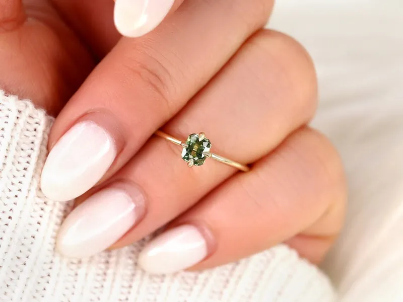 0.57ct Ready to Ship Rita 14kt Yellow Gold Green Tea Teal Sapphire Solitaire Ring vy 4