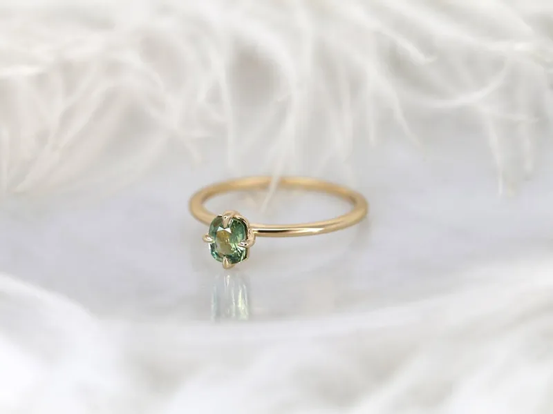0.57ct Ready to Ship Rita 14kt Yellow Gold Green Tea Teal Sapphire Solitaire Ring vy 7