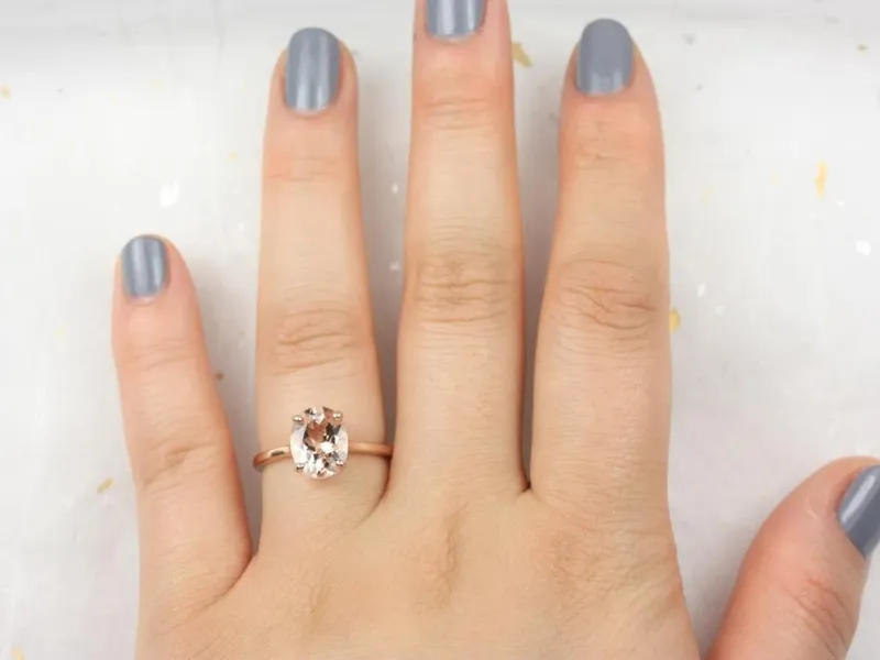 Delia 10x8mm 14kt Rose Gold Morganite Dainty Low Cathedral Oval Solitaire Engagement Ring vy 5