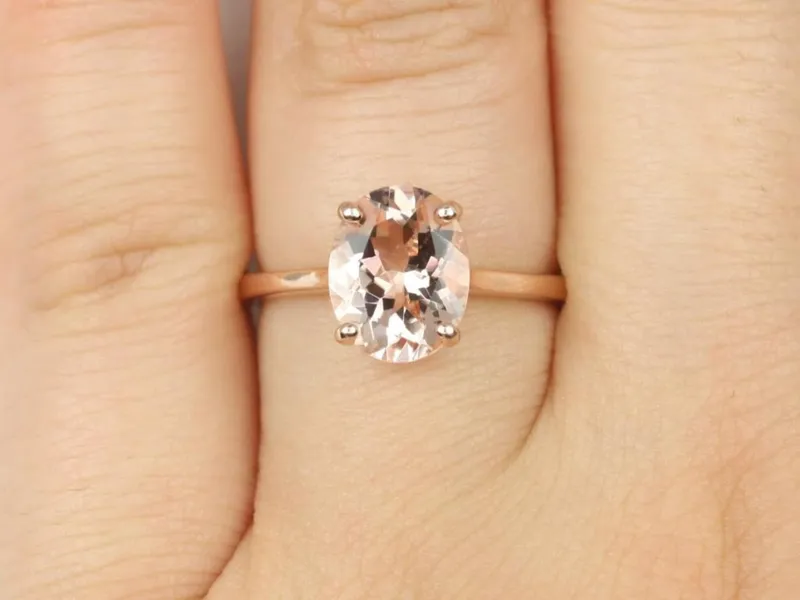 Delia 10x8mm 14kt Rose Gold Morganite Dainty Low Cathedral Oval Solitaire Engagement Ring vy 4