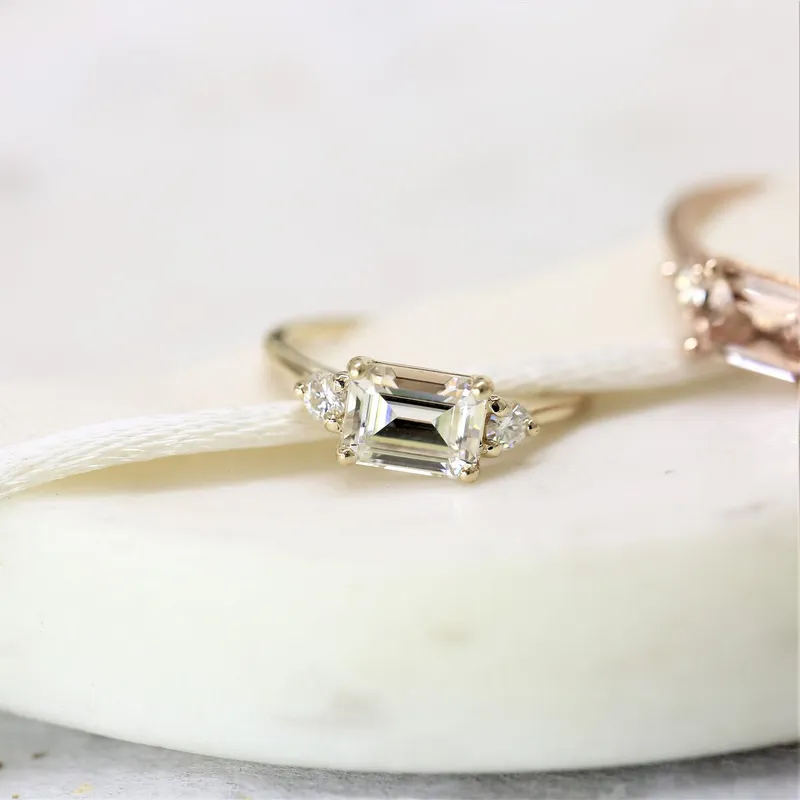 1.75cts Saint 8x6mm 14kt Gold Moissanite East West Horizontal 3 Stone Emerald Engagement Ring view 2